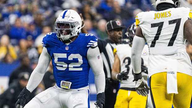 Dec 16, 2023; Indianapolis, Indiana, USA; Indianapolis Colts defensive end Samson Ebukam (52) celebrates a sack in the second half against the Pittsburgh Steelers at Lucas Oil Stadium. Mandatory Credit: Trevor Ruszkowski-USA TODAY Sports